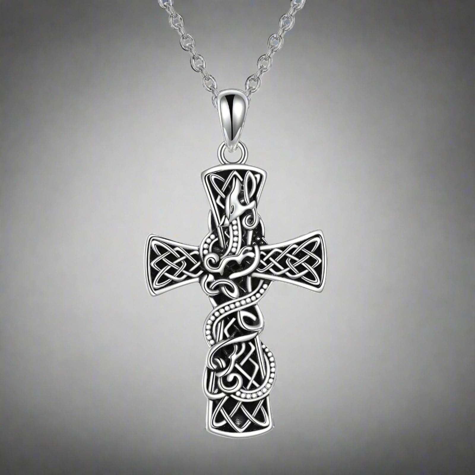 Silver Necklace - "Celtic Dragon Cross"